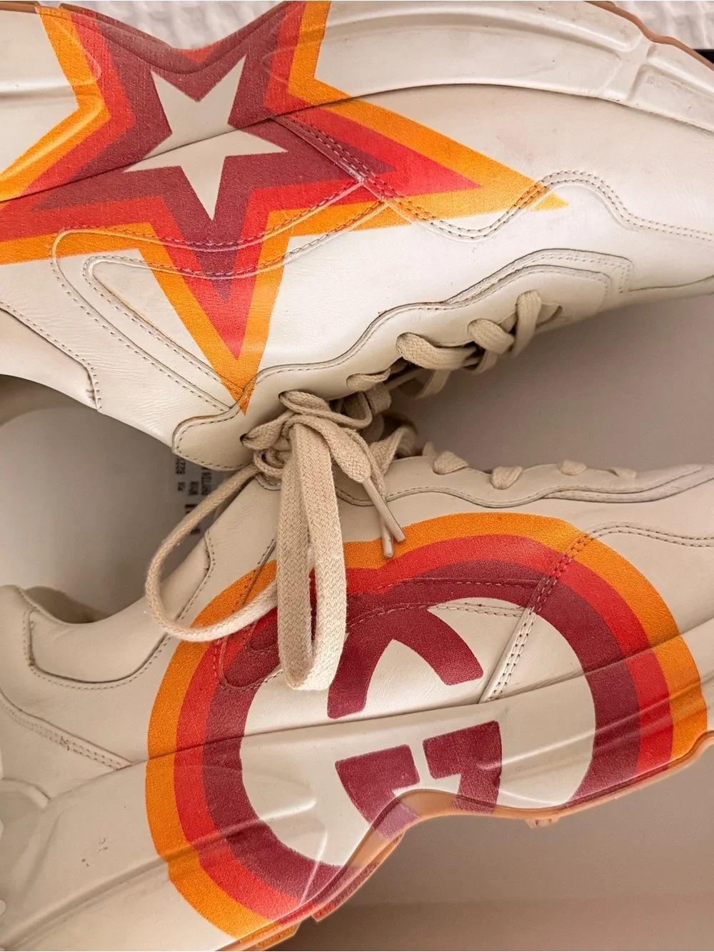 Gucci Cream Leather Sneakers with Red and Orange Logo Detail